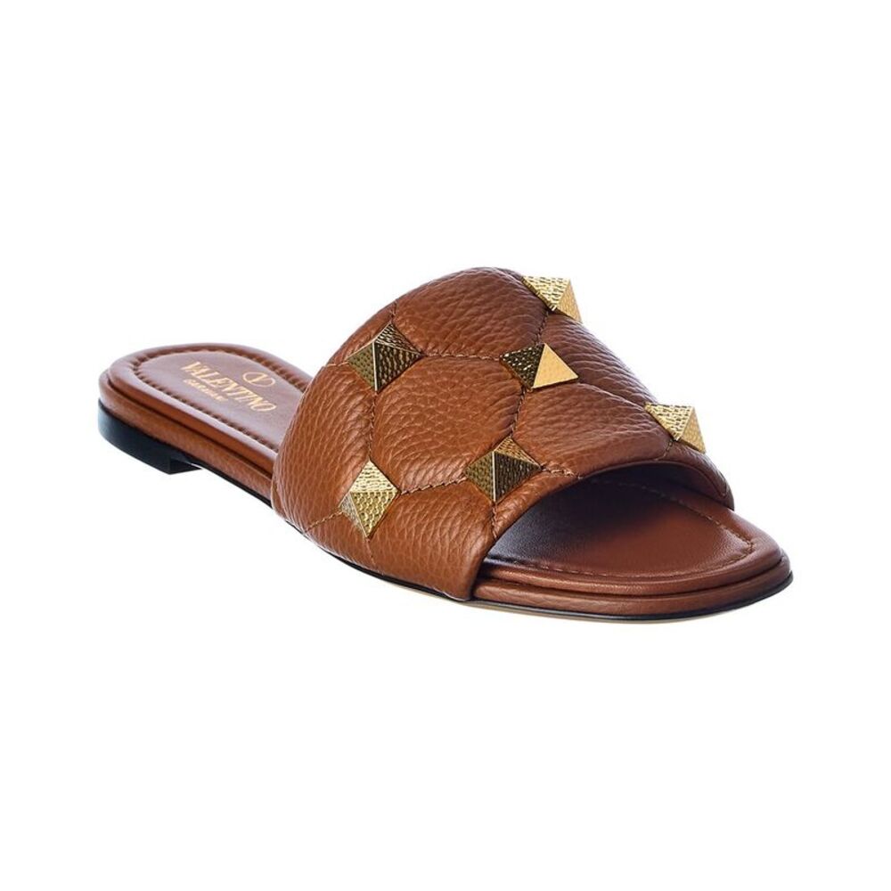 Valentino Roman Stud Grainy Leather Sandal, Brown